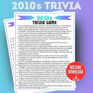 2010s Decade Trivia Game, Trivia Questions, 10s Trivia Quiz, 2010s Themed Party, Family Game Night, Party Games for adults, Birthday idea