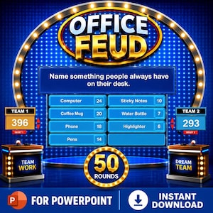 May include: A digital game board titled Office Feud with a blue background and gold accents. The screen displays a survey question about desk items with point values for answers like Computer, Coffee Mug, Phone, Pens, Sticky Notes, Water Bottle, and Highlighter. Two team podiums are visible with scores of 396 and 293.