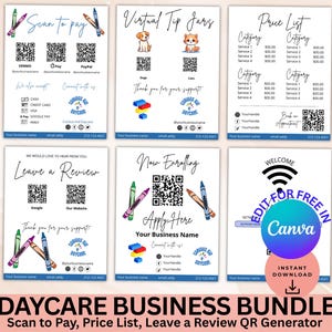 Bearbeitbare Kita Scan-to-Pay-Flyer, Canva Daycare Business QR-Code-Bundle, Preislistenvorlage für Kindertagesstätten, Vorschule Hinterlasse eine Bewertung,