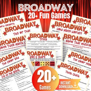 May include: A collection of Broadway-themed game sheets with titles like "Word Search," "Trivia," and "Name That Musical." The games feature red star accents and the word "Broadway" in a stylized font. The image includes the text "20+ Fun Games."