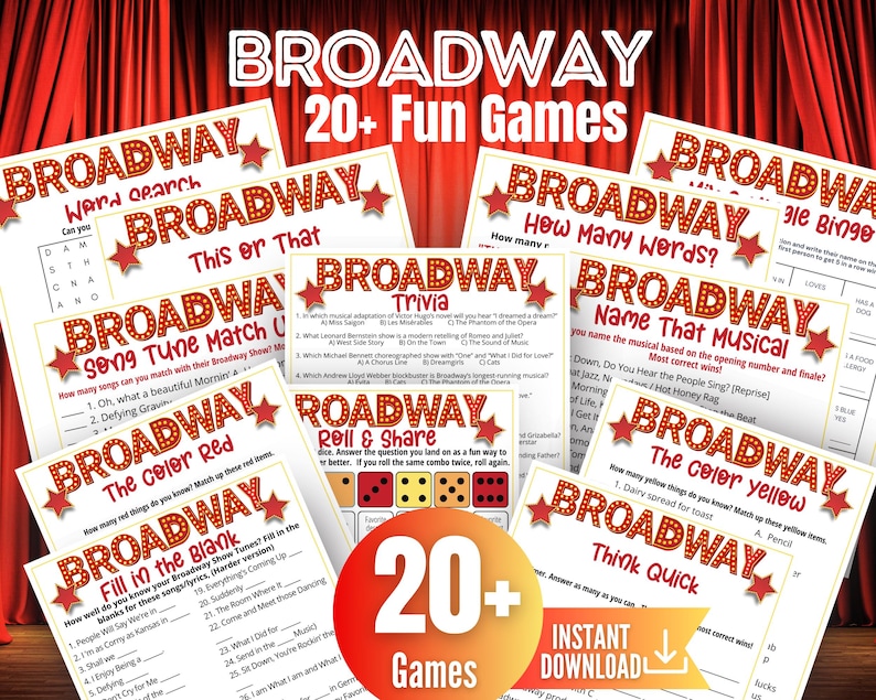 May include: A collection of Broadway-themed game sheets with titles like "Word Search," "Trivia," and "Name That Musical." The games feature red star accents and the word "Broadway" in a stylized font. The image includes the text "20+ Fun Games."