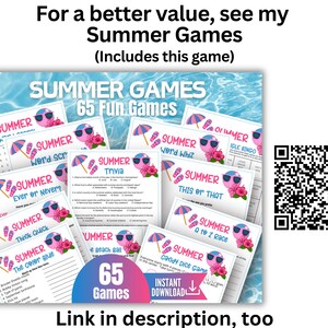 Puede incluir: Una colecci&oacute;n de hojas de juegos imprimibles con tem&aacute;tica veraniega que incluyen t&iacute;tulos como Summer Trivia, Word Scramble y This or That. Las tarjetas muestran gafas de sol rosas, flores de hibisco y sombrillas. Un c&oacute;digo QR est&aacute; a la derecha, y el texto dice For a better value, see my Summer Games (Includes this game) y 65 Games.