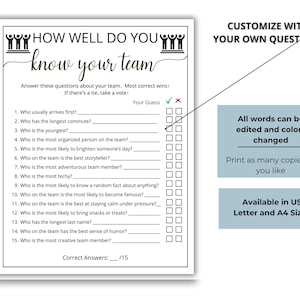 May include: A printable team building game sheet titled HOW WELL DO YOU know your team with fifteen numbered questions, blank lines for answers, and a column of checkmark and x symbols for scoring, featuring black text on a white background.