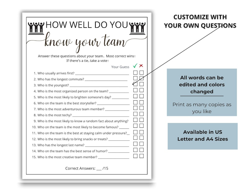 May include: A printable team building game sheet titled HOW WELL DO YOU know your team with fifteen numbered questions, blank lines for answers, and a column of checkmark and x symbols for scoring, featuring black text on a white background.