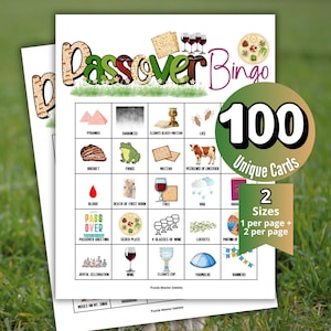 May include: A Passover Bingo game sheet featuring a grid of illustrations related to the holiday, including pyramids, frogs, matzah, and wine. The title reads Passover Bingo, and a circular badge states 100 Unique Cards in 2 sizes.