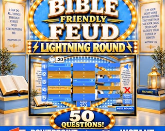 Może przedstawiać: Cyfrowy interfejs gry zatytułowany Bible Friendly Feud Lightning Round w kolorze niebieskim i złotym. Ekran przedstawia planszę z ponumerowanymi rzędami, 30-sekundowy licznik czasu, wynik 153 oraz tekst 50 Questions! Powerpoint Game.