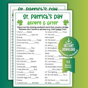 Trivia-spel St. Patrick's Day voor en na, vul de blanco in, St Paddy's Office-feestspel, Ierse spellen, afdrukbaar spel kerstfeest