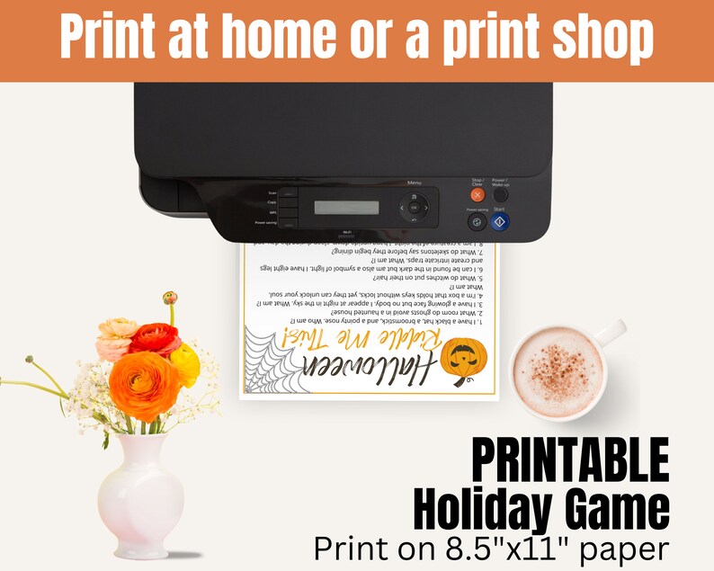 May include: Printable Halloween Riddle Me This game. The game is printed on a white sheet of paper with black text and a black and white illustration of a spider web. The text includes a list of riddles with a Halloween theme. The game is designed to be printed on 8.5 x 11 inch paper.