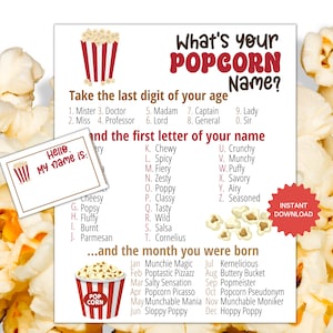 What's Your Popcorn Name Game WITH NAMETAGS + SIGN, Popcorn Party Game, Movie Night Activity, Popcorn Name Generator,Popcorn Bar Baby Shower