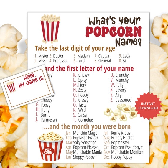 What s Your Popcorn Name Game WITH NAMETAGS SIGN Popcorn Party