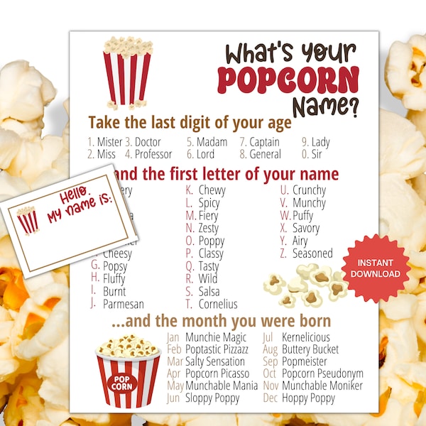 What's Your Popcorn Name Game WITH NAMETAGS + SIGN, Popcorn Party Game, Movie Night Activity, Popcorn Name Generator,Popcorn Bar Baby Shower