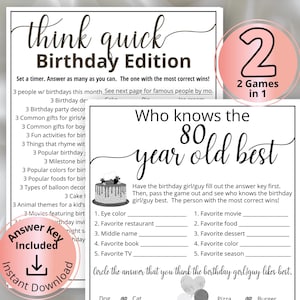 Könnte beinhalten: Zwei druckbare Geburtstags-Partyspiele: "Think Quick Birthday Edition" und "Who Knows the 80 Year Old Best". Die Spiele sind schwarz-weiß mit rosa Akzenten. Enthält eine "Antwortschlüssel" und eine "Sofort-Download"-Grafik.