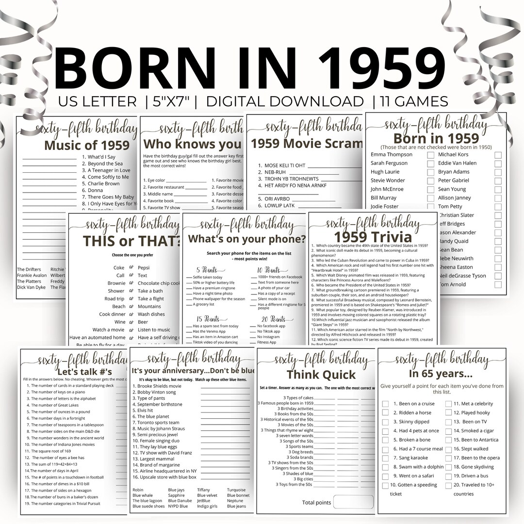 65th Birthday Party Games, Born in 1959 Game, 1959 Birthday Games, 65th