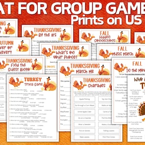 May include: A collection of Thanksgiving-themed printable game sheets on US Letter paper. Each white sheet features orange turkey illustrations and text including titles like Thanksgiving Rhymes, Turkey Trivia, and Who is most like a Turkey.