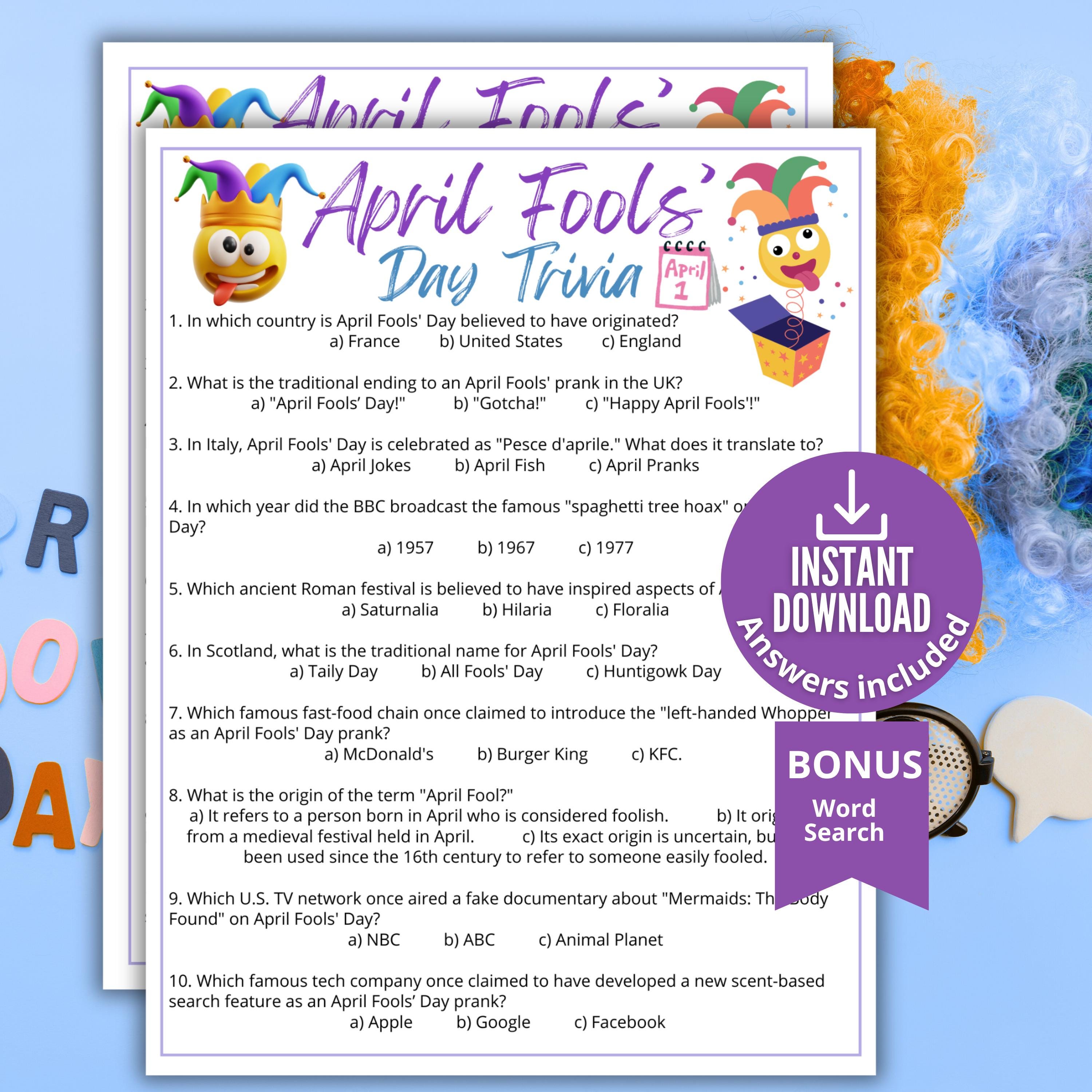 April Fools' Day Trivia, Printable Multiple Choice April Fools
