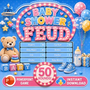 May include: A Baby Shower Feud PowerPoint game graphic featuring a marquee-style title, a scoreboard with eight baby-related items and point values, a teddy bear, a baby bottle, blue trainers, a gift box, and balloons on a blue background.