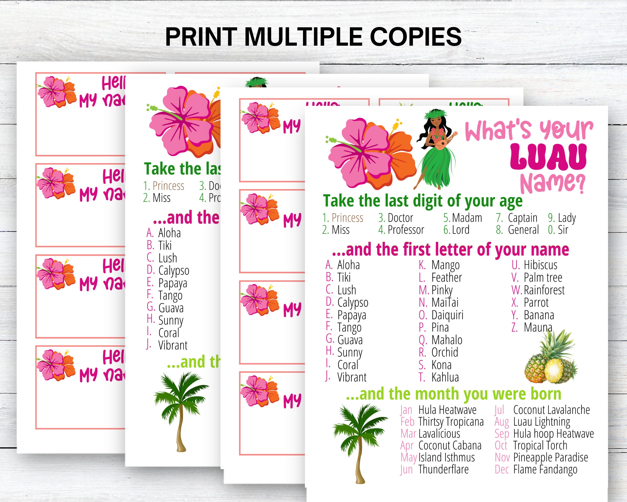 What's Your Luau Name Game WITH NAMETAGS SIGN, Hawaiian Party Game, Tropical Birthday Party ...