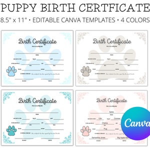 Bewerkbare geboorteakte puppy, geboorteakte hond, fokkersformulieren, fokkersgegevens honden, gratis bewerken in Canva D001