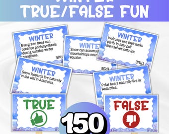 Może przedstawiać: Zestaw 150 kart Winter True/False Fun z niebieskimi obramowaniami i zimowymi ilustracjami. Każda karta zawiera pytanie o tematyce zimowej lub wskaźnik Prawda/Fałsz z zieloną ikoną kciuka w górę lub czerwoną kciuka w dół.