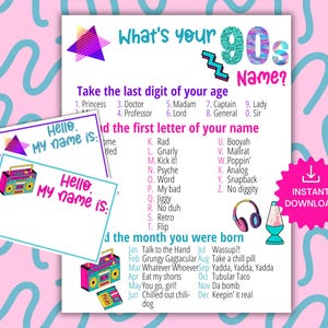 May include: A printable 80s themed party game with a pink and blue background. The game asks players to take the last digit of their age and the first letter of their name to determine their 80s name. The game includes a boombox graphic and text that says "What's your 80s name?"