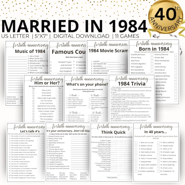 40th Wedding Anniversary Games, Married in 1984 Game, 1984 Ruby Anniversary Games, 80th Anniversary Games, Printable 11 Game Bundle Gift