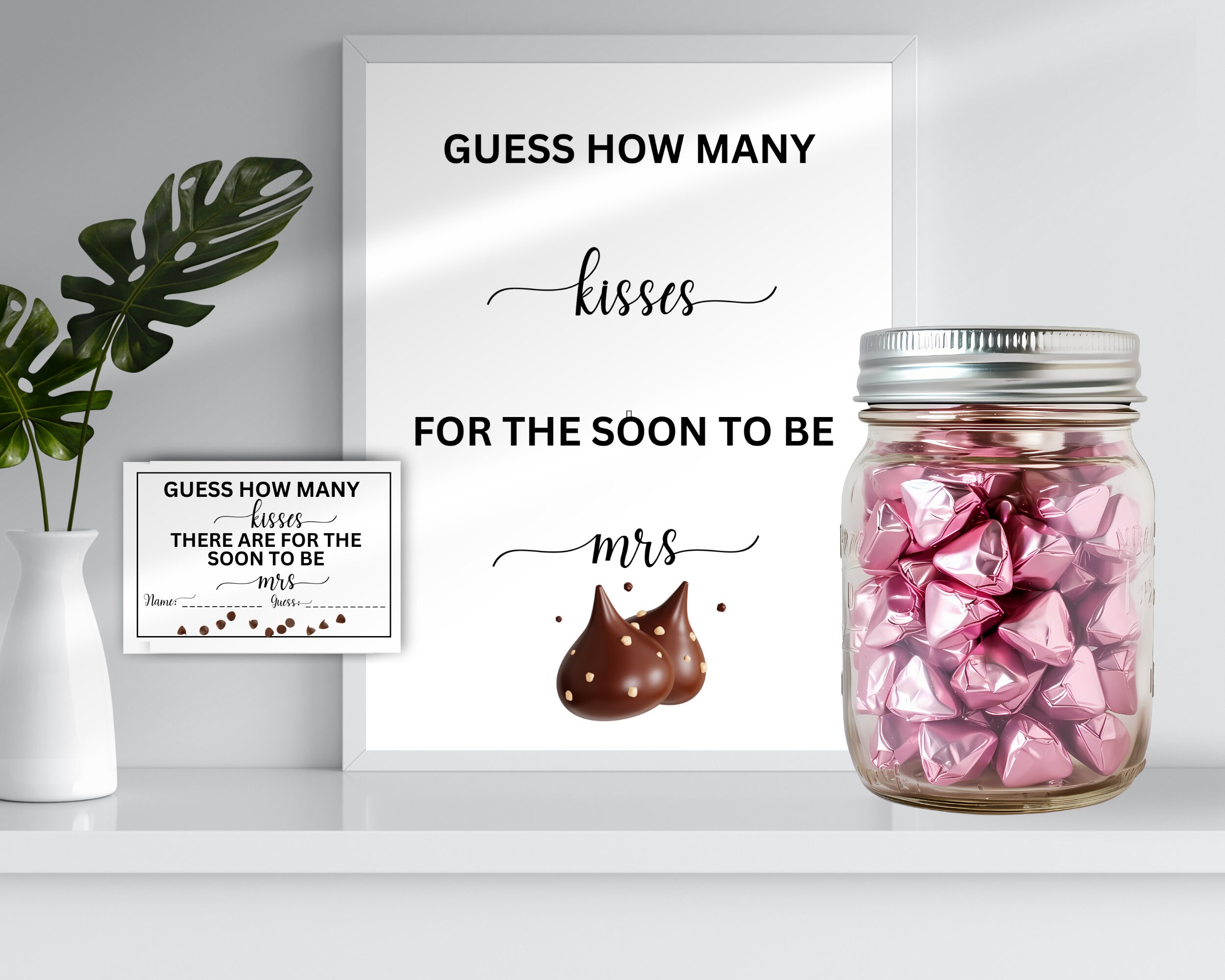 Guess How Many Kisses For The Soon To Be Mrs, Modern Bridal Shower Game, Printable Candy Game , Fun Bridal Shower Game,Guessing Cards & Sign