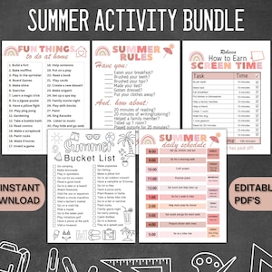 Summer Activity Bundle, Summer Daily Schedule, Summer Bucket List - Editable PDF