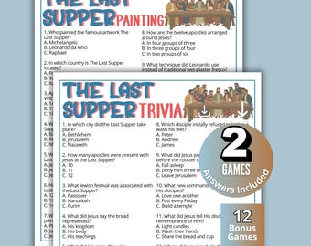 Może przedstawiać: Dwa arkusze do gry do druku zatytułowane The Last Supper Painting i The Last Supper Trivia, zawierające pytania wielokrotnego wyboru dotyczące wydarzenia biblijnego. Okrągła odznaka wskazuje 2 gry z odpowiedziami i 12 gier bonusowych.
