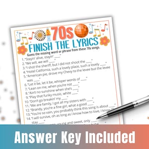May include: A white paper with the text "70s Finish the Lyrics" and song titles. The paper has a retro design with musical notes, flowers, and a disco ball. A black pen rests on the paper. The text "Answer Key Included" is at the bottom.