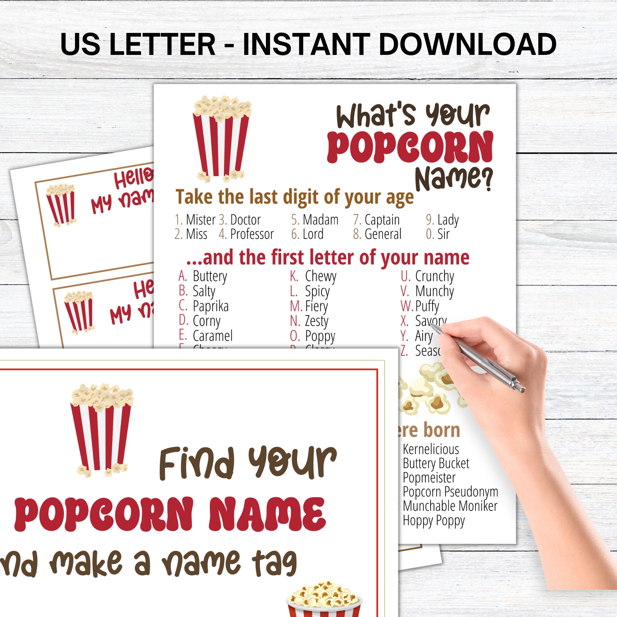 What's Your Popcorn Name Game WITH NAMETAGS SIGN, Popcorn Party Game