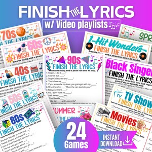 May include: A collection of 24 Finish the Lyrics game cards featuring various themes like 40s, 50s, 60s, 70s, 80s, 90s, 1-Hit Wonders, Spring, Black Singers, TV Shows, and Movies. Each card includes musical notes, colorful graphics, and fill-in-the-blank lyrics.