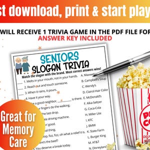 K&ouml;nnte beinhalten: Ein Seniors Slogan Trivia Spielblatt mit einer Liste von Markenslogans zum Zuordnen, mit einer Illustration von zwei &auml;lteren Menschen, einem schwarzen Stift und einem rot-wei&szlig; gestreiften Popcornbecher auf wei&szlig;em Hintergrund.