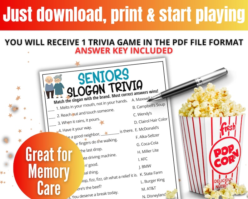 K&ouml;nnte beinhalten: Ein Seniors Slogan Trivia Spielblatt mit einer Liste von Markenslogans zum Zuordnen, mit einer Illustration von zwei &auml;lteren Menschen, einem schwarzen Stift und einem rot-wei&szlig; gestreiften Popcornbecher auf wei&szlig;em Hintergrund.