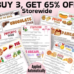 May include: A collection of colorful trivia game sheets with various themes, including chocolate, popcorn, and sports. The sheets feature questions and answers, with the text "BUY 3, GET 65% OFF Storewide" at the top.