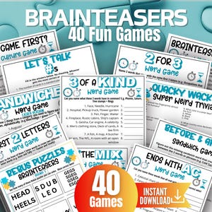 Könnte beinhalten: Eine Sammlung von 40 unterhaltsamen Denksportaufgaben, darunter Quiz, Wortspiele und Rebus-Rätsel. Die Spielkarten bieten verschiedene Herausforderungen mit Text und Grafiken, die für Unterhaltung und geistige Anregung konzipiert sind. Der Titel "BRAINTEASERS" ist deutlich sichtbar.
