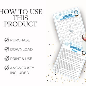 May include: A printable winter activity set featuring a Winter Mix and Mingle Bingo card and a Winter Trivia sheet with 15 questions. The documents include blue snowflake graphics and a cartoon penguin. A mug of hot cocoa is placed nearby.