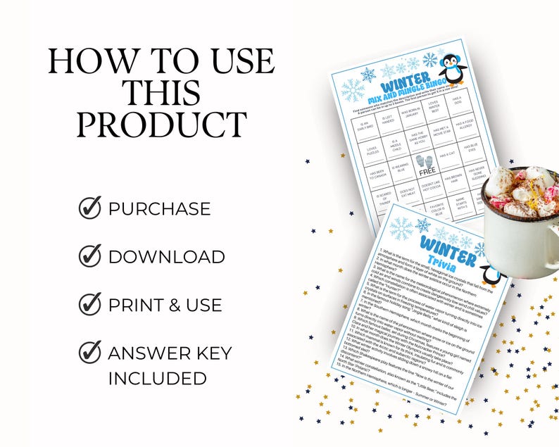 May include: A printable winter activity set featuring a Winter Mix and Mingle Bingo card and a Winter Trivia sheet with 15 questions. The documents include blue snowflake graphics and a cartoon penguin. A mug of hot cocoa is placed nearby.