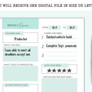 May include: A weekly review planner with a light green background. The planner includes sections for "This week was", "What I did well", "What I need to improve on", "Action steps to take", "3 wins this week", "Rate your week", and "Motivation for next week".