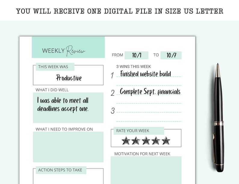 May include: A weekly review planner with a light green background. The planner includes sections for "This week was", "What I did well", "What I need to improve on", "Action steps to take", "3 wins this week", "Rate your week", and "Motivation for next week".
