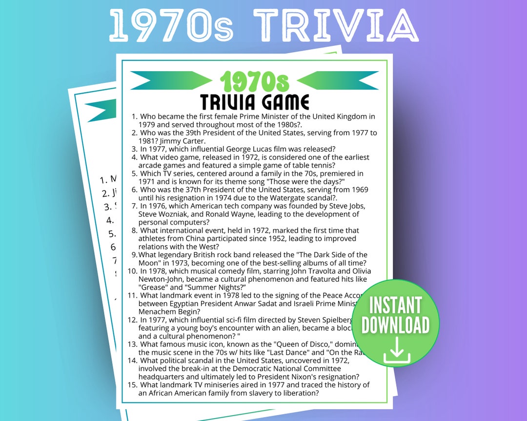 1970s Decade Trivia Game, Trivia Questions, 70s Trivia Quiz, 1970s ...