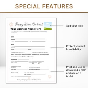 May include: A white Puppy Sales Contract template with the text "Your Business Name Here" and fields for seller and buyer information. Includes fields for dog breed, color, and registration details. The document is designed to be printed or used on a tablet.