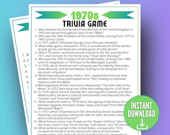 1970s Decade Trivia Game, Trivia Questions, 70s Trivia Quiz, 1970s Themed Party, Family Game Night, Party Games for adults, Birthday idea