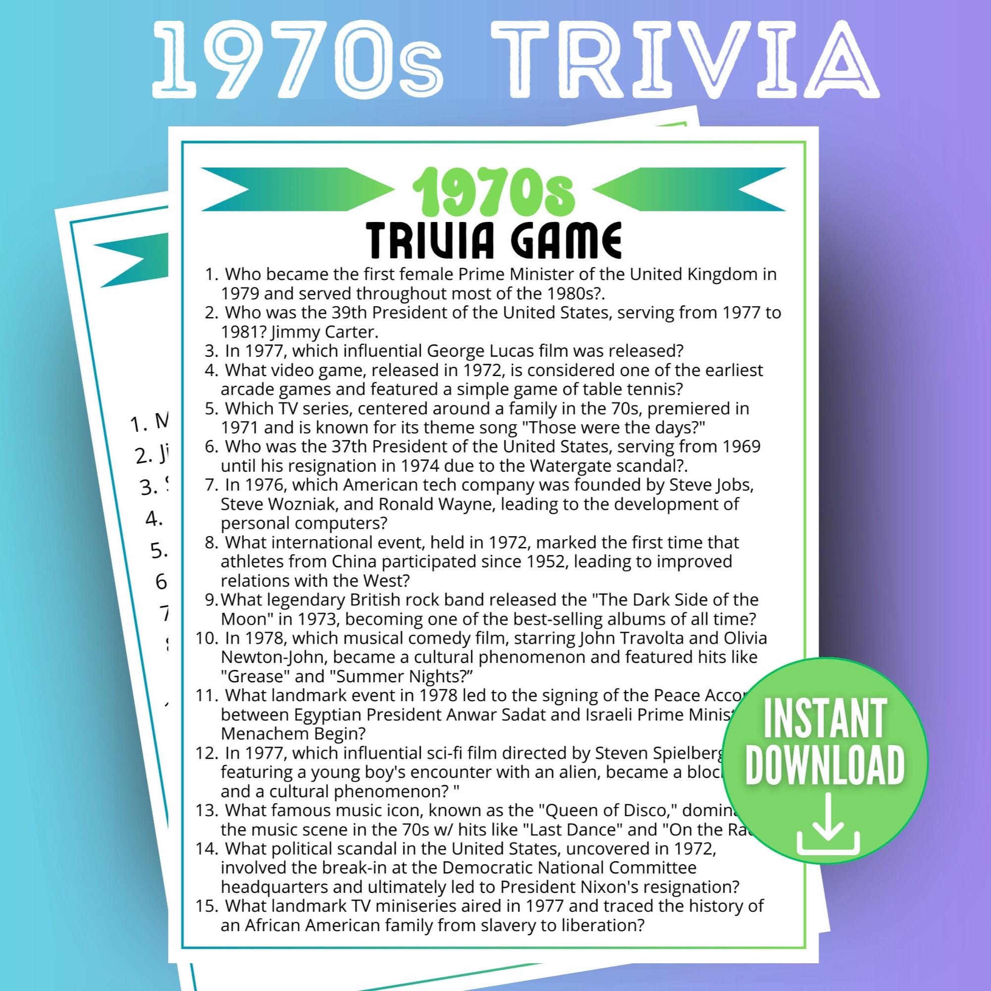 1970s decade trivia game, trivia questions, 70s trivia quiz, 1970s