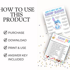 May include: Printable Easter game set with two game cards. The first card is a "Who is Most Like the Easter Bunny?" game with a cartoon bunny. The second card is an "Easter Candy Match Up" game with a variety of Easter candy.