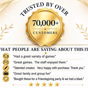 May include: A gold circular badge with the text TRUSTED BY OVER 70,000+ CUSTOMERS. Below, the text WHAT PEOPLE ARE SAYING ABOUT THIS ITEM appears with five gold circular icons featuring a truck, game controller, pencil, people, and heart, followed by customer reviews.