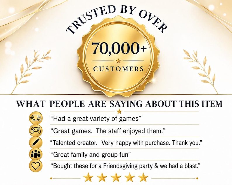 May include: A gold circular badge with the text TRUSTED BY OVER 70,000+ CUSTOMERS. Below, the text WHAT PEOPLE ARE SAYING ABOUT THIS ITEM appears with five gold circular icons featuring a truck, game controller, pencil, people, and heart, followed by customer reviews.