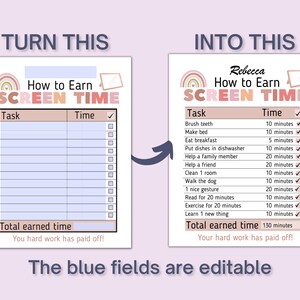 May include: A printable chart with a rainbow design and the text "How to Earn Screen Time". The chart has two columns, one for tasks and one for time. The tasks are listed with checkboxes and the time is listed in minutes. The chart is designed to help children earn screen time by completing chores and other tasks.