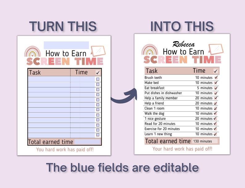 May include: A printable chart with a rainbow design and the text "How to Earn Screen Time". The chart has two columns, one for tasks and one for time. The tasks are listed with checkboxes and the time is listed in minutes. The chart is designed to help children earn screen time by completing chores and other tasks.