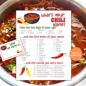 What&#39;s Your Chili Name Game WITH NAMETAGS + SIGN, Chili Party Game, Chili Cookoff Party Activity, Fun for Adults & Kids Printable