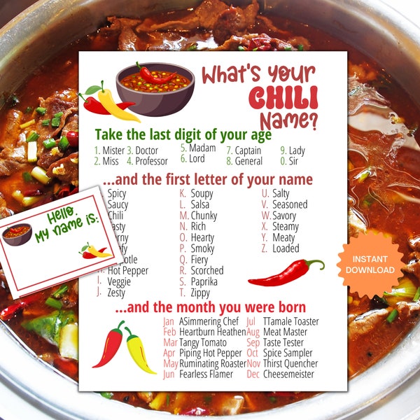 What's Your Chili Name Game WITH NAMETAGS + SIGN, Chili Party Game, Chili Cookoff Party Activity, Fun for Adults & Kids Printable